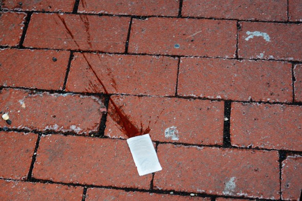 exploded ketchup packet looking like blood